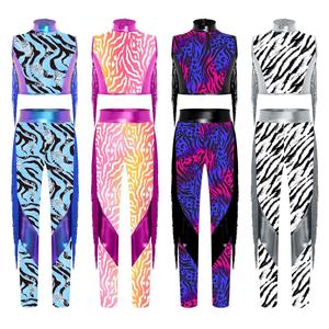 ชุดเต้นรำบอลรูมสำหรับเด็กผู้หญิงอายุ 6-16 ปี ชุดแสดงแจ๊สแดนซ์ ชุดเมทัลลิก เสื้อครอปท็อปพร้อมเลกกิ้ง สำหรับการแข่งขันเต้นลาติน - Product Image 1