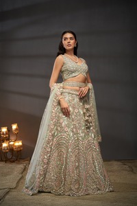 Pink Beaded Lehenga Choli <b>Net</b> Unstitched Wedding Outfit Two Piece Bridal Set for Women - Product Image 6