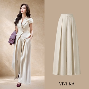 Pantalon large à taille haute pour femme, plissé devant, longueur intégrale, élégant, pour le bureau, couleur unie, NERINA, ODM OEM - Product Image 1