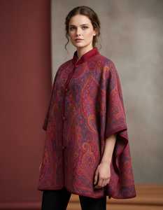Pure <b>Wool</b> Bohemian Mandarin Collar Paisley Long Casual Winter <b>Capes</b> with Soft Jamawar Woven Fabric and Button Closure - Product Image 1