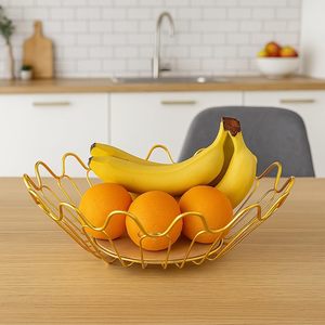 Gold Metal Wire Fruit <b>Basket</b> with Wooden Base Decorative Fruit Bowl for <b>Kitchen</b> Counter Dining Table Bread Vegetables Snacks - Product Image 5