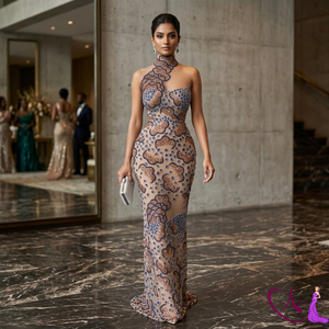 Vestido de noche de lujo con un solo hombro y adornos |   Vestido de sirena de malla transparente con cuentas |   Ropa de Fiesta Elegante Hecha a Mano con Diseño Natural - Product Image 1