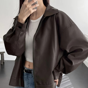 Blouson en cuir pour femme, col rabattu, manches longues, fermeture éclair, couleur unie, automne, longueur courte - Product Image 2