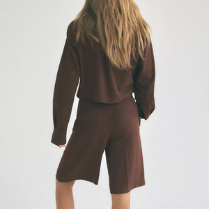 Women's 2 Piece Brown Shorts Set With Turn-<b>Down</b> Collar Blazer Top And Mid-Calf <b>Pants</b> Regular Fit Solid Color All Seasons Wear - Product Image 4