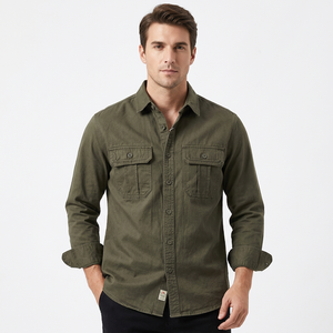 Men's Olive Green Long Sleeve Casual Shirt Solid Color Turn-down Collar Twill Fabric Breathable Polyester ODM Customized Autumn - Product Image 4