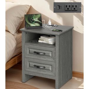 Table de chevet de style farmhouse avec station de charge, 2 tiroirs et étagère ouverte, dotée des fonctionnalités de table de chevet - Product Image 2