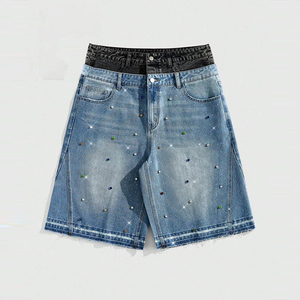 Men's High Waist Denim Bermuda <b>Shorts</b> With <b>Sequined</b> Dot Pattern Button Fly Casual Style Stonewashed Woven Cotton - Product Image 1