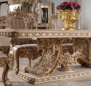 ชุดโต๊ะรับประทานอาหารไม้สักทรงสี่เหลี่ยมผืนผ้าสีทองหรูหราสไตล์ยุโรป พร้อมเฟอร์นิเจอร์แกะสลักสำหรับห้องรับประทานอาหาร ผลิตในอินโดนีเซีย - Product Image 2