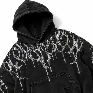 Sweat-shirt à capuche court noir personnalisé pour homme, avec strass, motif éclair et effet déchiré, style streetwear, pour grossistes - Product Image 6