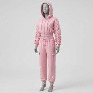 Custom <b>Pink</b> Ruched Sleeves With Rhinestone Tracksuit Cropped Zip Up <b>Hoodie</b> Cargo Jogger Pant Two Piece Sweatsuit Women Outfit - Product Image 3