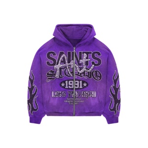Sweat à capuche zippé surdimensionné personnalisé pour homme Saints Global, en molleton de coton, style streetwear, avec logo avant en strass embossé, bleu, vêtement d'hiver, USA - Product Image 5
