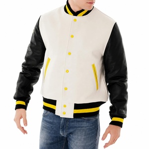 Blouson universitaire pour homme noir à manches contrastantes, col rabattu, fermeture boutonnée, style décontracté, coupe classique, automne - Product Image 2