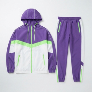 Survêtement unisexe color block violet, blanc, vert, à capuche, fermeture éclair, manches longues, sportif, séchage rapide, léger, printemps, adulte - Product Image 1