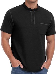 T-shirt tricoté à col montant et manches courtes pour homme, couleurs unies, coupe athlétique décontractée, mélange de coton respirant pour l'été, tailles S - 4XL - Product Image 1