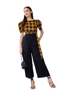 Combinaison longue tendance pour femme, noire et moutarde, à col rond, manches bouffantes, à carreaux, en viscose ample et respirante - Product Image 1