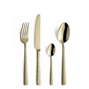 Ensemble de couverts modernes pour mariage, vaisselle décorative, manche long martelé, acier inoxydable plaqué or, ensemble de couverts - Product Image 5
