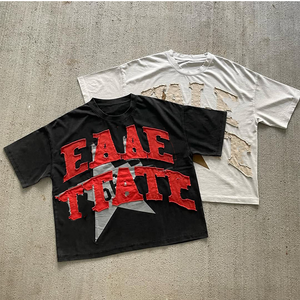 Applique en détresse Patch brodé lettre 100% coton surdimensionné High Street hommes T-Shirts pierre unisexe - Product Image 3