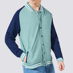 Men's Mint Blue Varsity Jacket With Navy Contrast Sleeves Button Closure Ribbed Cuffs And Collar Casual Autumn Wear - Product Image 2