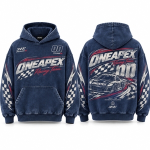 Sweat-shirt à capuche bleu délavé pour homme, imprimé course automobile sur denim, coupe oversize, streetwear ONEAPEX, vente en gros personnalisée - Product Image 4
