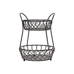 Wooden Handle Metal 2 Tier Hanging Fruit Storage <b>Basket</b> French Iron <b>Wire</b> Eco-Friendly Rectangle Shaped - Product Image 3