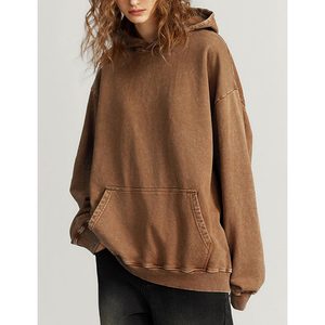 Sweat-shirt à capuche oversize unisexe en coton molletonné couleur unie, anti-boulochage, coupe délavée, pour l'automne - Product Image 2