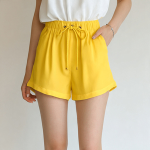 Shorts d'été pour femmes à taille haute avec cordon de serrage et poches, 100% polyester, vêtements de sport pour femmes - Product Image 1