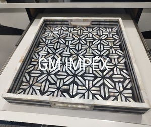 Plateau de service rectangulaire fait main avec incrustation d'os unique et caractéristiques en nacre avec poignées élégantes - Product Image 5