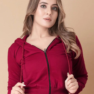 Women's Red Hooded <b>Zipper</b> Sweatshirt Full Sleeve Knitted Solid Color Autumn Wear Breathable High Waist Jeans - Product Image 2