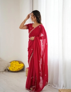 Sari KV Tradicional de Rayón Bordado, Sin Arrugas, Reversible, Lucknow Chikankari Georgette - Product Image 3