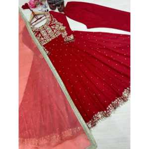 Conjunto de Vestido Anarkali de Seda Chinon con Dupatta y Pantalones Plazzo para Mujer, Elegante para Fiestas, con un Hermoso Diseño de Seda Pura - Product Image 6