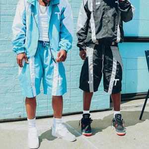 Ensemble de survêtement pour homme personnalisé, veste coupe-vent en polyester avec fermeture éclair et short de jogging, survêtement sportif léger en nylon patchwork - Product Image 2