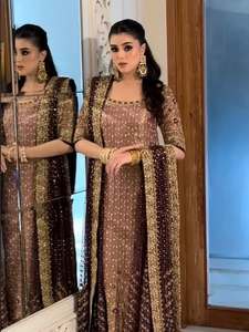 Elegant Beaded Long Shirt Wedding Wear Scalloped Neck Full Sleeve A-Line Floor-Length Embroidered Chiffon Dress Wrinkle-Free - Product Image 2