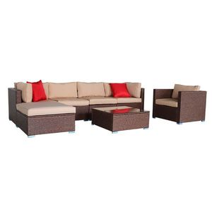 7-Piece Wood Grain Patio PE Wicker Rattan Corner Sofa Set for Garden Settings - Product Image 1