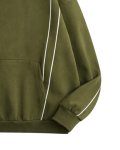 Sweat à capuche pour homme en molleton de coton, vert sarcelle foncé, avec bandes contrastantes latérales, style streetwear décontracté, poche kangourou - Product Image 5