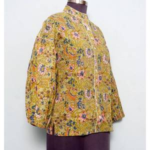 Chemisier en coton imprimé floral décontracté style doux, manches courtes bouffantes, col rond, écologique, séchage rapide, boutonné, pour femme - Product Image 4