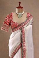 TENNECY White Space Tibby Silk Ankle-Length Saree Merah Bordir Tali Berurutan Ganda Blus Banglori - Pakaian Pesta Pernikahan