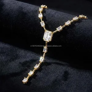Emerald Cut Diamond <b>Necklace</b> in Yellow Gold with Drop Pendant, Elegant <b>Statement</b> <b>Necklace</b>, Luxury Bridal Fine Jewelry for Women - Product Image 2