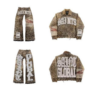 ชุดเสื้อผ้าผู้ชายสไตล์เรโทรลายเสือดาวแบบกอธิค Y2K ชุดสองชิ้น เสื้อแจ็คเก็ตซิปและกางเกงยีนส์ขาดๆ แต่งดีไซน์แบบปะติดปะต่อ - Product Image 1