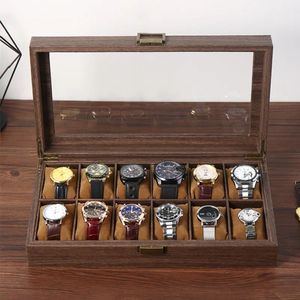 Boîte de présentation pour montres en bois, 12 emplacements, étui de rangement pour montres-bracelets, couvercle en verre, repose-montres en velours pour vitrine de magasin - Product Image 5