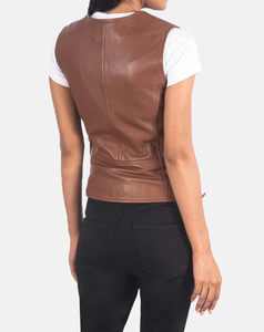 Premium Quality <b>Women's</b> <b>Brown</b> PU Leather Sleeveless Biker <b>Vest</b> With Zipper And Side Lacing Moto Style Outerwear 2026 Wholesale - Product Image 3