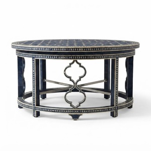 Mesa de Centro Geométrica con Incrustaciones de Hueso, Redonda, de Resina Azul con Base de Metal Dorado, Mueble de Lujo para Sala de Estar - Product Image 3