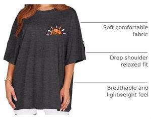 T-shirt décontracté pour femme en jersey de coton gris à col rond et manches courtes, coupe ample, imprimé, respirant, printemps-été - Product Image 6