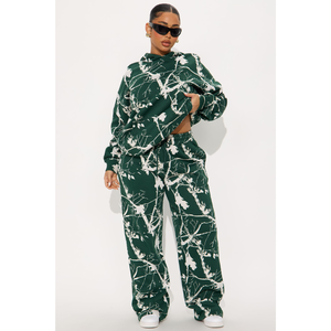 Ensemble sweat-shirt et pantalon pour femme, imprimé floral vert, style streetwear, manches longues, coupe ample, décontracté, tricoté, 2 pièces, 100% coton - Product Image 1