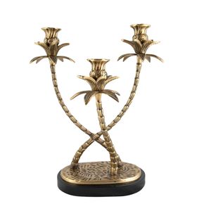 Triple porte-bougie classique en aluminium en forme d'arbre avec base en bois et finition dorée pour l'éclairage intérieur, idéal pour offrir en cadeau - Product Image 1