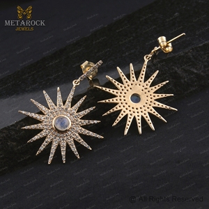 Genuine Pave <b>Diamond</b> Solid 14k Yellow Gold Rinbow Moonstone Designer <b>Dangle</b> Star <b>Earrings</b> Fine Jewelry Wholesale - Product Image 3