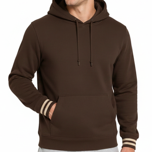 Sweat à capuche marron chocolat pour homme, très demandé, avec poignets rayés crème, style streetwear masculin - Product Image 2