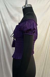 Women Off Shoulder <b>Balloon</b> Sleeve Blouse Purple Smocked Waist Ruffles Tassel Decor Spring Summer Top - Product Image 3