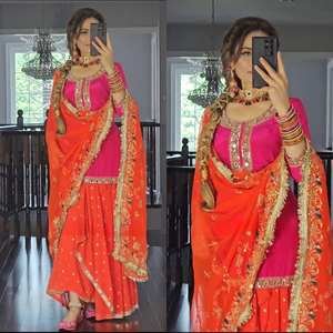 Ensemble de vêtements de fête pour femmes Mayra Orange, nouvellement lancé, haut, jupe dhoti, dupatta, taille S-36 - Product Image 2