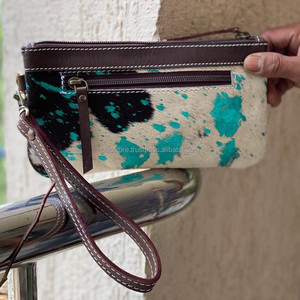 Pochette en cuir usiné portefeuille sac à main cheveux sur fourrure métallique pochette en cuir élégant couleur Turquoise portefeuilles Unique pour les femmes - Product Image 4