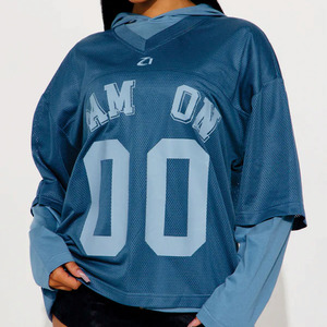 Blue Women Mesh Hoodie American Football Jersey Layered Long Sleeve Streetwear Top Breathable <b>Athletic</b> Wear Custom Sports Shirt - Product Image 2